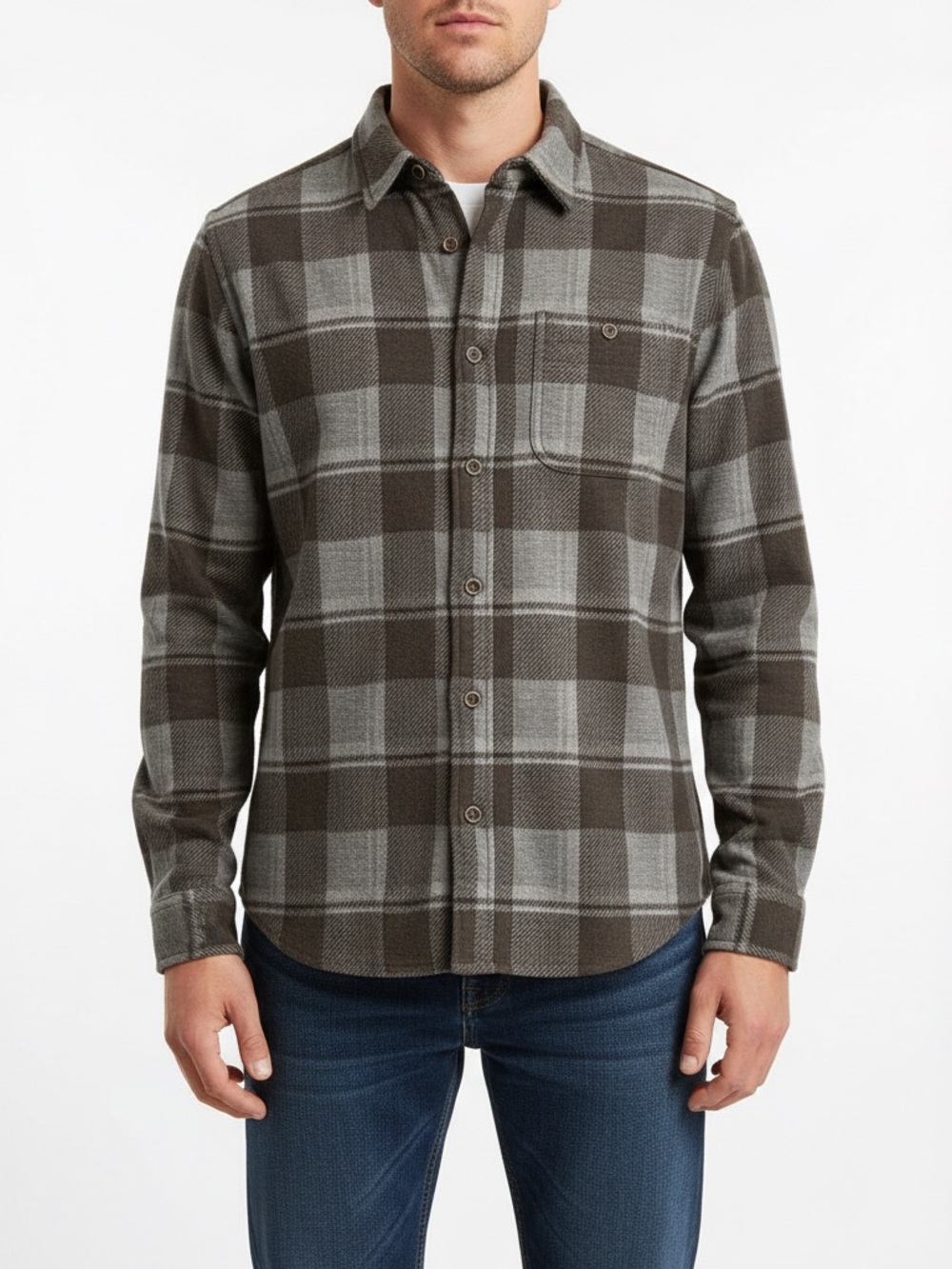 Men's Plaid Long-Sleeve Button-Down Shirt in Gray and Brown